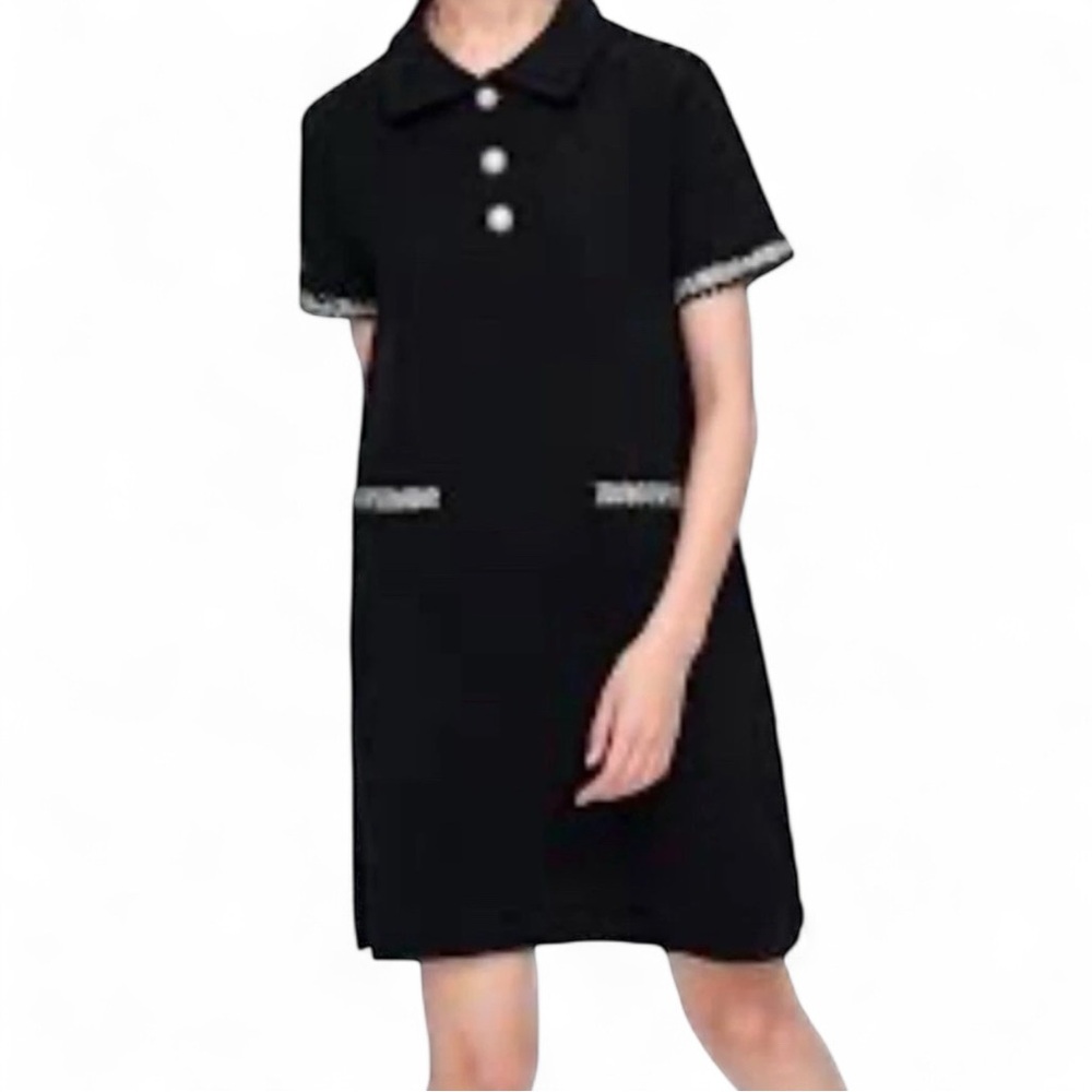 Zara Black/White Knit Accent Peal Button Collared Mini Shirt Schoolgirl Dress M